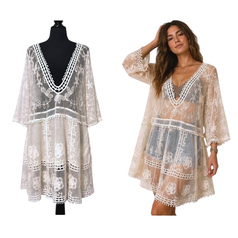 Sheer Embroidered Lace Tunic Dress Womens S Boho Cottage Romantic Layering Fairy